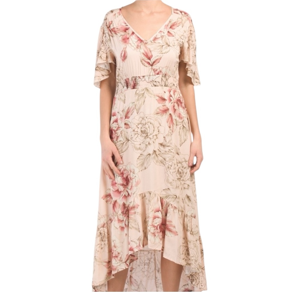 ANTHROPOLOGIE‎ ABEL THE LABEL Floral V-Neck Maxi Dress Summer Flowy Short Sleeve